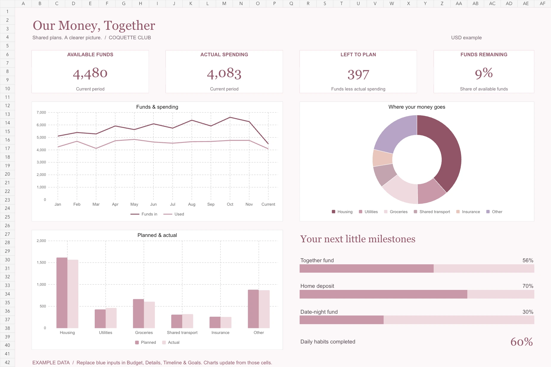 Actual Couples Budget Planner dashboard with example data