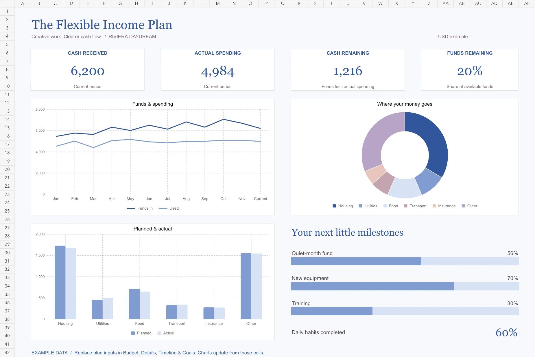 Actual Irregular Income Budget Planner dashboard with example data