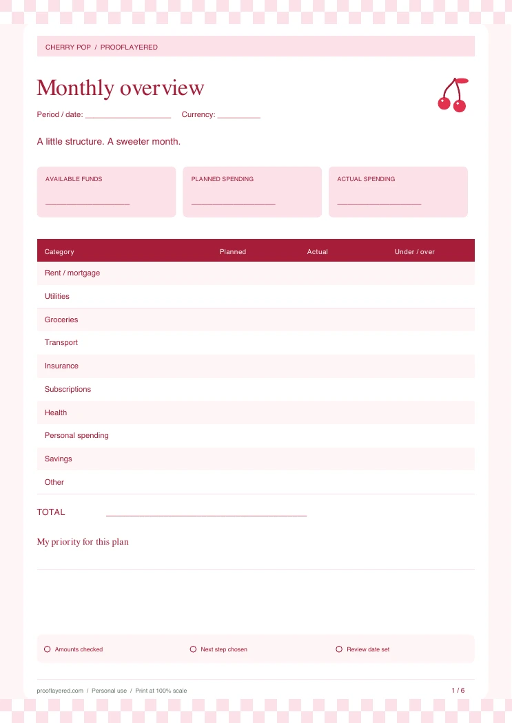 A real page from Monthly Budget Planner