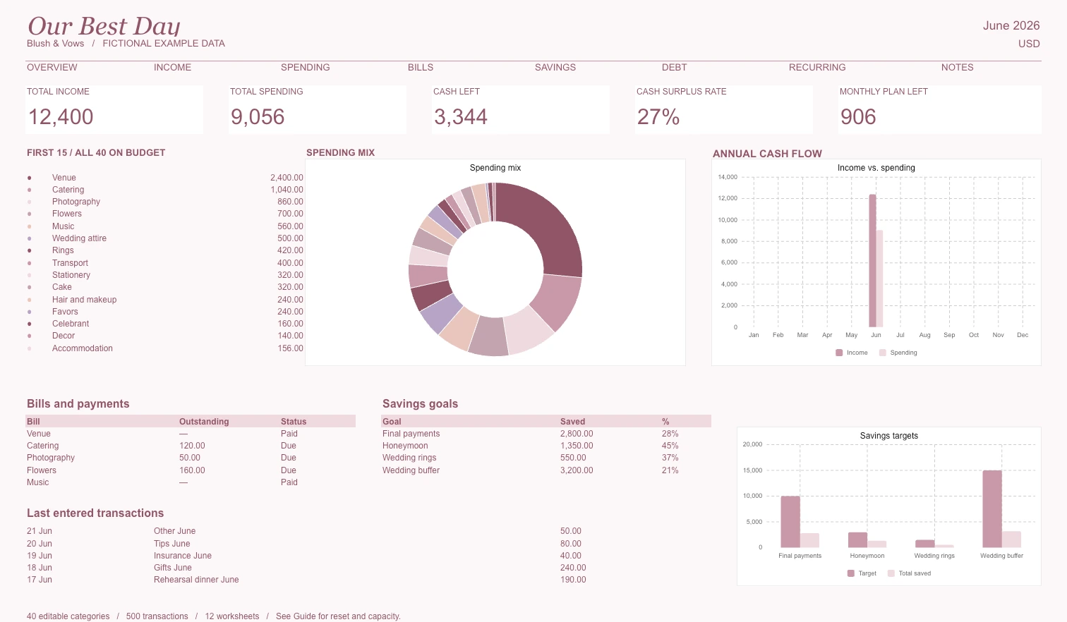 Blush & Vows — actual Excel dashboard with example data